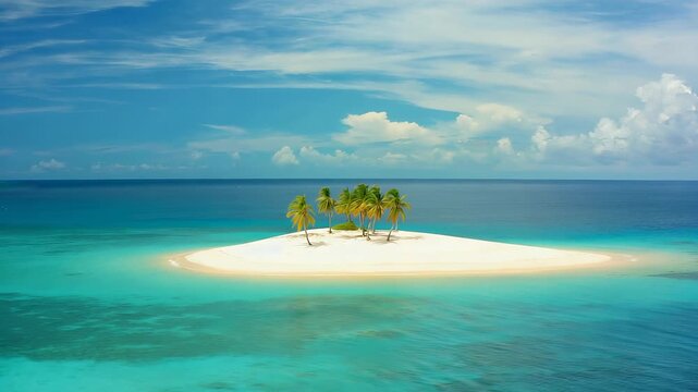 Pristine Tropical Island Paradise: Aerial View of a Secluded Beach with Lush Palm Trees and Turquoise Waters.
