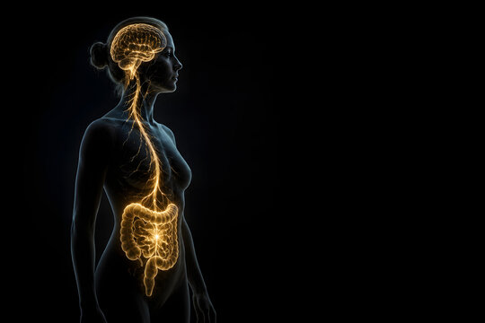 Photorealistic human silhouette with glowing neural pathways linking brain and digestive system, illustrating the gut-brain axis in a premium healthcare and neuroscience concept.
