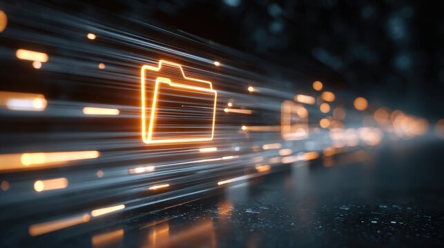 Stunning photo of fast data transfer and cloud storage concept with glowing digital folder icon moving through light streaks on dark background.
