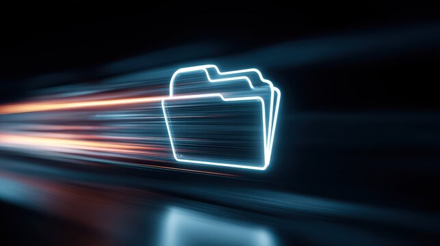Stunning photo of fast data transfer and cloud storage concept with glowing digital folder icon moving through light streaks on dark background.