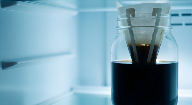 Cold brew coffee steeping in a glass jar inside a refrigerator
