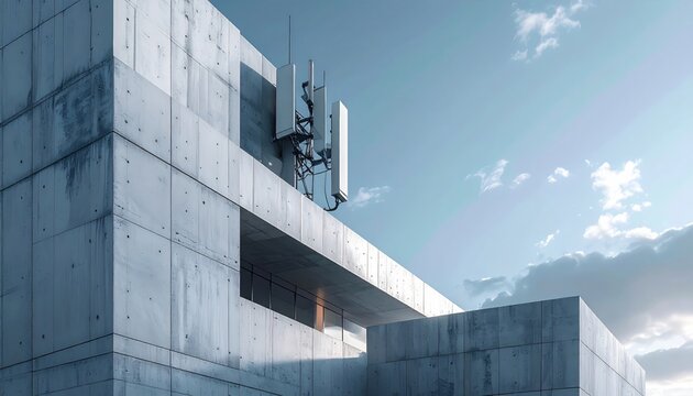 Modern telecommunication antenna array mounted on a concrete building exterior against a clear blue sky