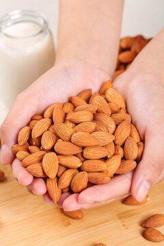 Fresh Almonds in Hands with Almond Milk