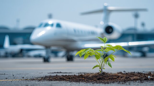 Stunning photo of green plant growing on the airport with a business private jet behind, emphasizing the environmental impact of aviation. Sustainable Aviation Fuel (SAF) and.