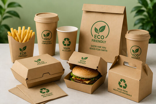 Eco-friendly takeaway food packaging set with sandwich burger fries coffee cup and paper bag on neutral background