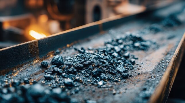 Stunning photo of industrial processing of rare earth elements. Precious metals extracted from ore. Material on conveyor belt. Mining industry. Extraction process. Sustainable.