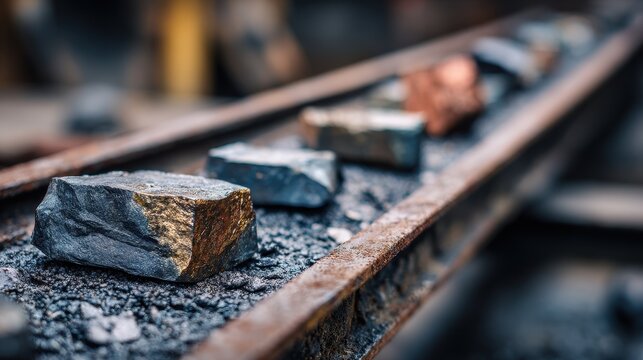 Stunning photo of industrial processing of rare earth elements. Precious metals extracted from ore. Material on conveyor belt. Mining industry. Extraction process. Sustainable.