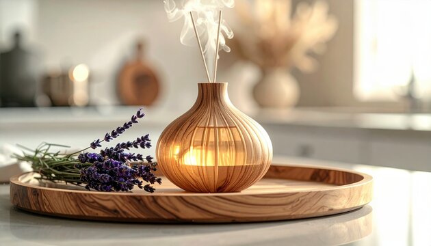 Hand-blown glass aroma diffuser with glowing light and wisps of steam, alongside lavender sprigs