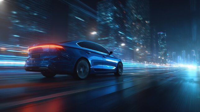 Stunning photo of modern shiny blue car on street night city, back side view. car racing on track, leaving neon trail of lights from back.