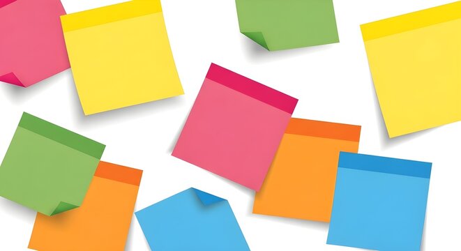 Colorful sticky notes scattered on a white background, perfect for reminders and ideas.