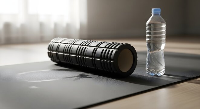 Foam roller and water bottle on yoga mat in a bright, serene studio, ready for a workout.