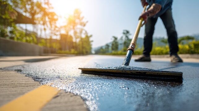 Stunning photo of person sealing driveway with squeegee applicator tool in sunny day. Driveway asphalt sealcoating protects pavement, prevents fractures. Maintenance worker.