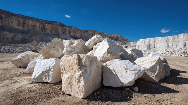 Stunning photo of pile of white industrial mineral chunks against a blue sky and distant quarry wall.