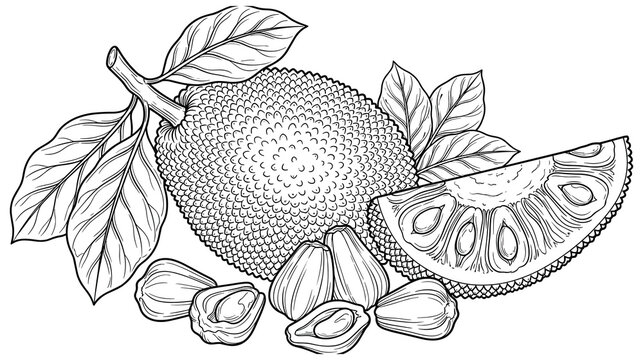 Outline art of jackfruit whole sliced pulp seed.