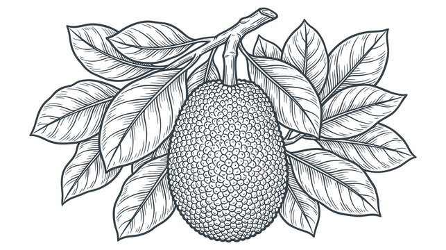 Outline art of jackfruit hanging from tree branch.