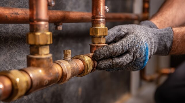 Stunning photo of plumber wearing gloves connects copper pipes with brass fittings.