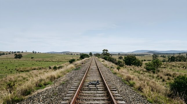 Endless railway tracks stretching into a vast, open landscape under a clear sky.
