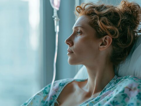 Woman in hospital bed with IV drip looking out window with pensive expression