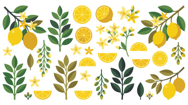 Fresh yellow lemon fruit and blossom branch element set.