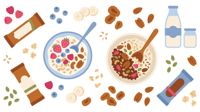 Healthy breakfast snacks with oatmeal and granola bars.
