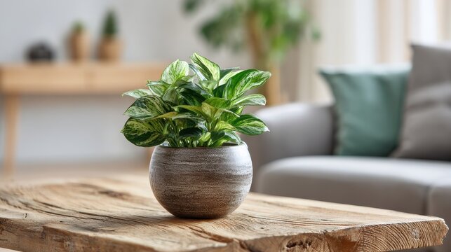 Stunning photo of small variegated green plant in a round textured ceramic pot on a rustic wooden table in a bright, modern living room interior .
