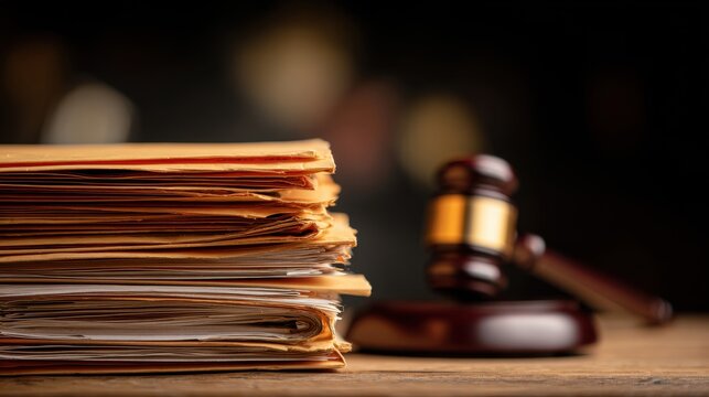 Stunning photo of stack of legal folders and documents next to a wooden judge's gavel on a table, symbolizing law and justice.