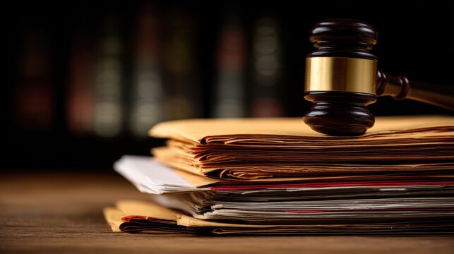 Stunning photo of stack of legal folders and documents next to a wooden judge's gavel on a table, symbolizing law and justice.