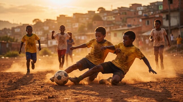 Young boys play an energetic game of soccer on a dirt field in a Brazilian favela during a beautiful golden hour sunset, showing passion and community spirit.