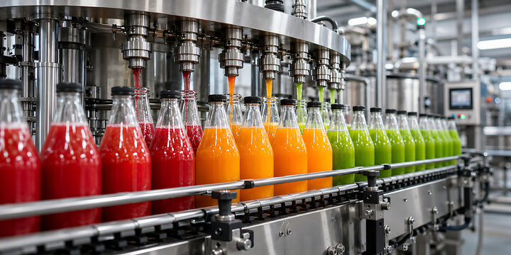 Industrial beverage bottling plant, automated fruit juice production line with glass bottles, modern factory machinery filling colorful drinks isolated on White Background ai