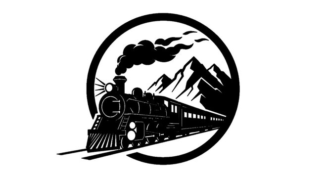 Minimal black silhouette icon, simple flat vector, bold black shape, no, no shading vintage steam locomotive train traveling through mountain landscape illustration on a, flat icon style