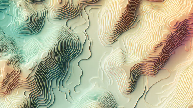 Abstract topographic map background with layered paper cut effect in pastel colors. Modern 3D terrain illustration blending artistic design and geographic inspiration for creative projects