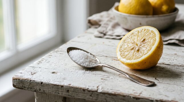 spoon citric acid lemon white wooden table  
