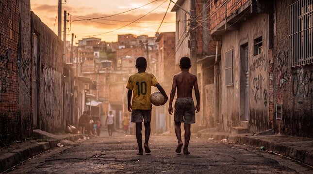 Two young boys walking down a narrow street in a Brazilian favela at sunset, carrying a soccer ball and representing dreams and childhood in an urban community.