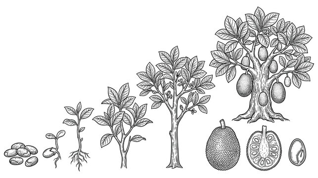 Stages of jackfruit tree growth from seed to fruit tree.