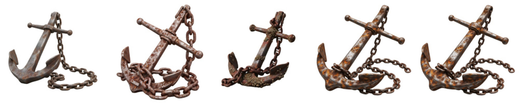 Rusty Vintage Ship Anchor with Chain Set Isolated on White Background. Antique Heavy Iron Nautical Maritime Anchors Collection from Multiple Perspective Angles.