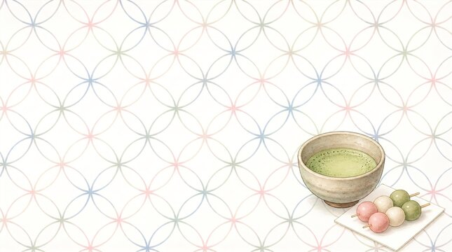 お抹茶と三色団子のある水彩風七宝柄の和モダン背景素材 コピースペース