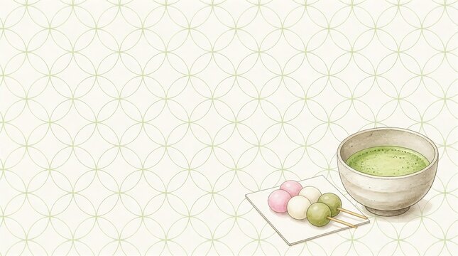 お抹茶と三色団子のある若草色七宝柄の和モダン背景素材 コピースペース