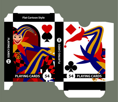 Playing cards tuck box template with colorful Joker in flat design style head on black and white background. Vector illustration.