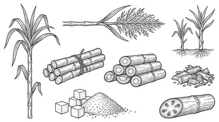 Sugarcane plant production stages and products collection. © GW