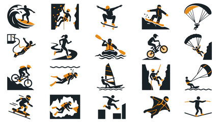 Obraz premium Dynamic Extreme Sports Icons Collection Featuring Thrilling Activities and Outdoor Adventures Graphic Set