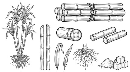 Sugarcane plant elements roots leaves stalk sugar cubes. © GW
