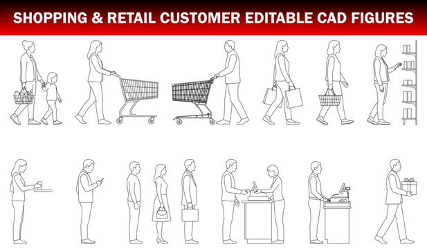 Shopping and Retail Customer CAD Figures &ndash; Shoppers with Carts, Shopping Bags, Checkout Counter, Shelf Browsing and Cashier Poses, Editable CAD Block Set Side Elevation