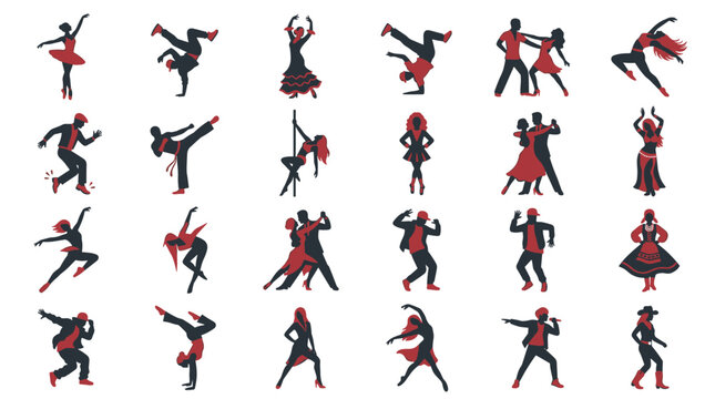 Dynamic Red and Black Dancers in Various Poses an Energetic Lifestyle Concept Vector Illustration Set