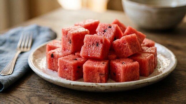 watermelon fresh cut cubes plates summer  
