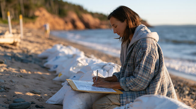 Beach cleanup volunteer data collection volunteer kneeling on shoreline documenting debris type on waterproof field sheet, categorized collection bags lined up beside her,