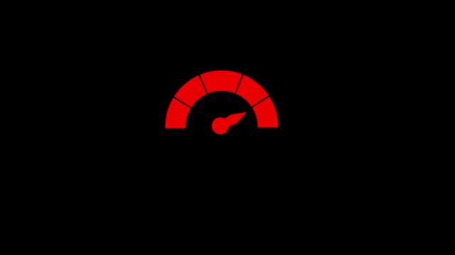 Gauge needle rising from green safety to red danger zone on a speedometer icon, illustrating high risk or performance concepts in a flat animation