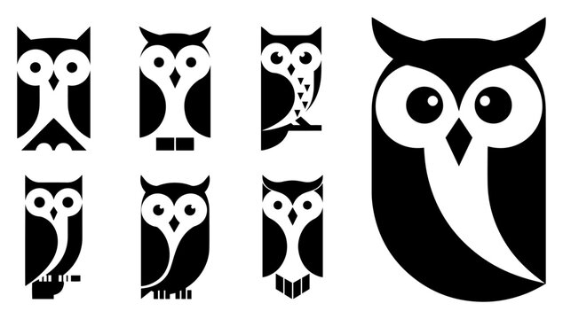 Minimalist owl logo set and bird icons collection for branding and mascot design