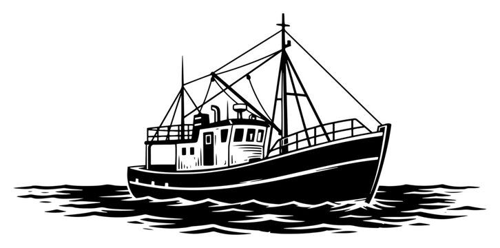 Fishing boat trawler on sea waves in vintage woodcut engraving style