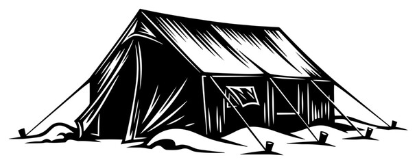 Expedition tent in snowy arctic landscape vintage woodcut style camping © Luka