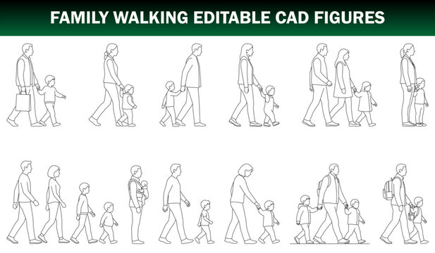 Family Walking CAD Figures &ndash; Parents and Children Walking Together, Editable CAD Block Set Side Elevation, Clean Thin Line Architectural Style